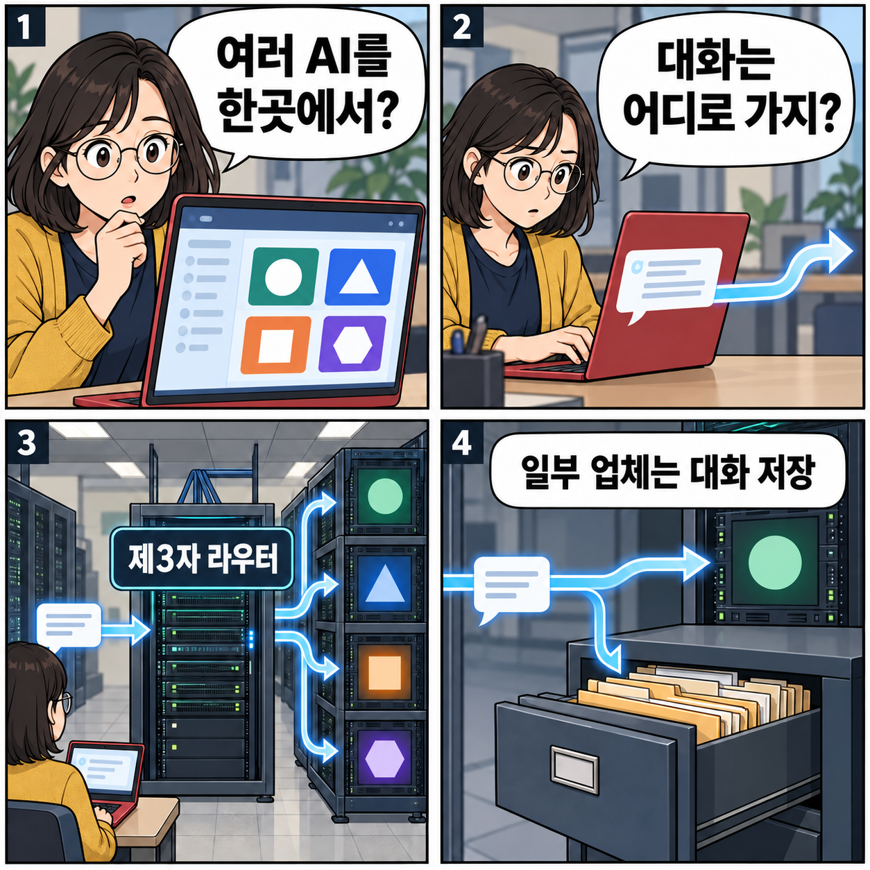 가상 이용자가 여러 AI를 한 화면에서 쓰는 서비스의 제3자 중간 경로와 일부 업체의 대화 저장 가능성을 확인하는 네 컷 만화