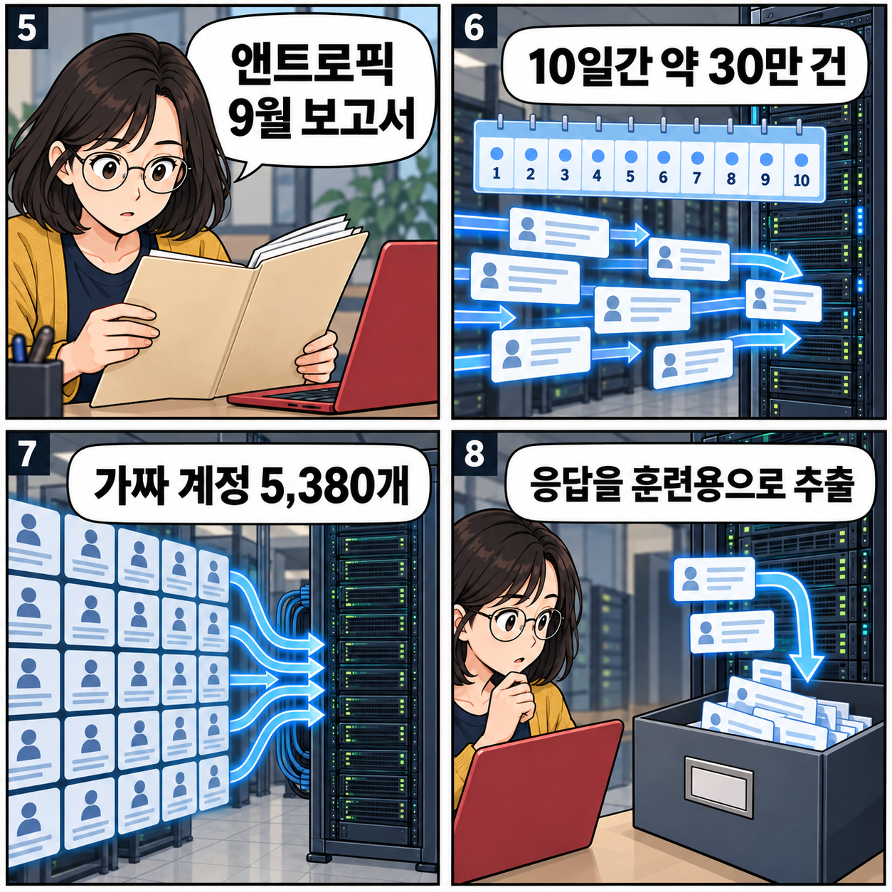 가상 이용자가 앤트로픽 보고서의 10일간 약 30만 건 전달, 가짜 계정 5,380개, 훈련용 응답 추출 내용을 읽는 네 컷 만화