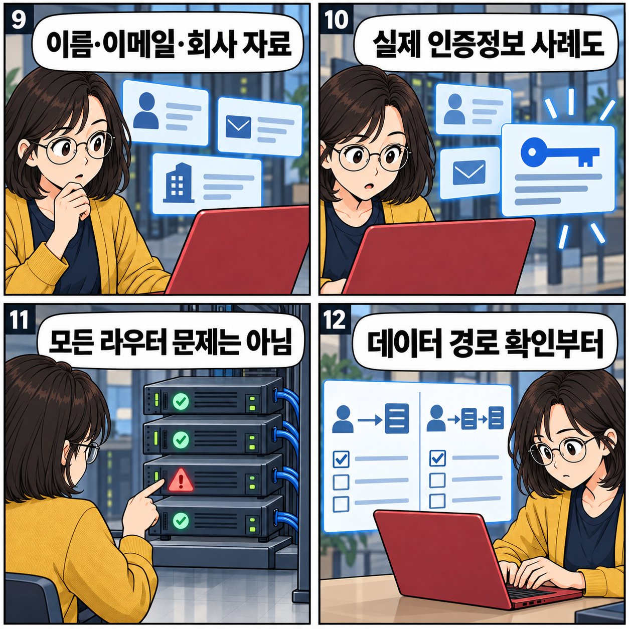 가상 이용자가 민감정보 사례와 보고서의 한계를 구분하고 서비스의 데이터 경로를 확인하는 네 컷 만화