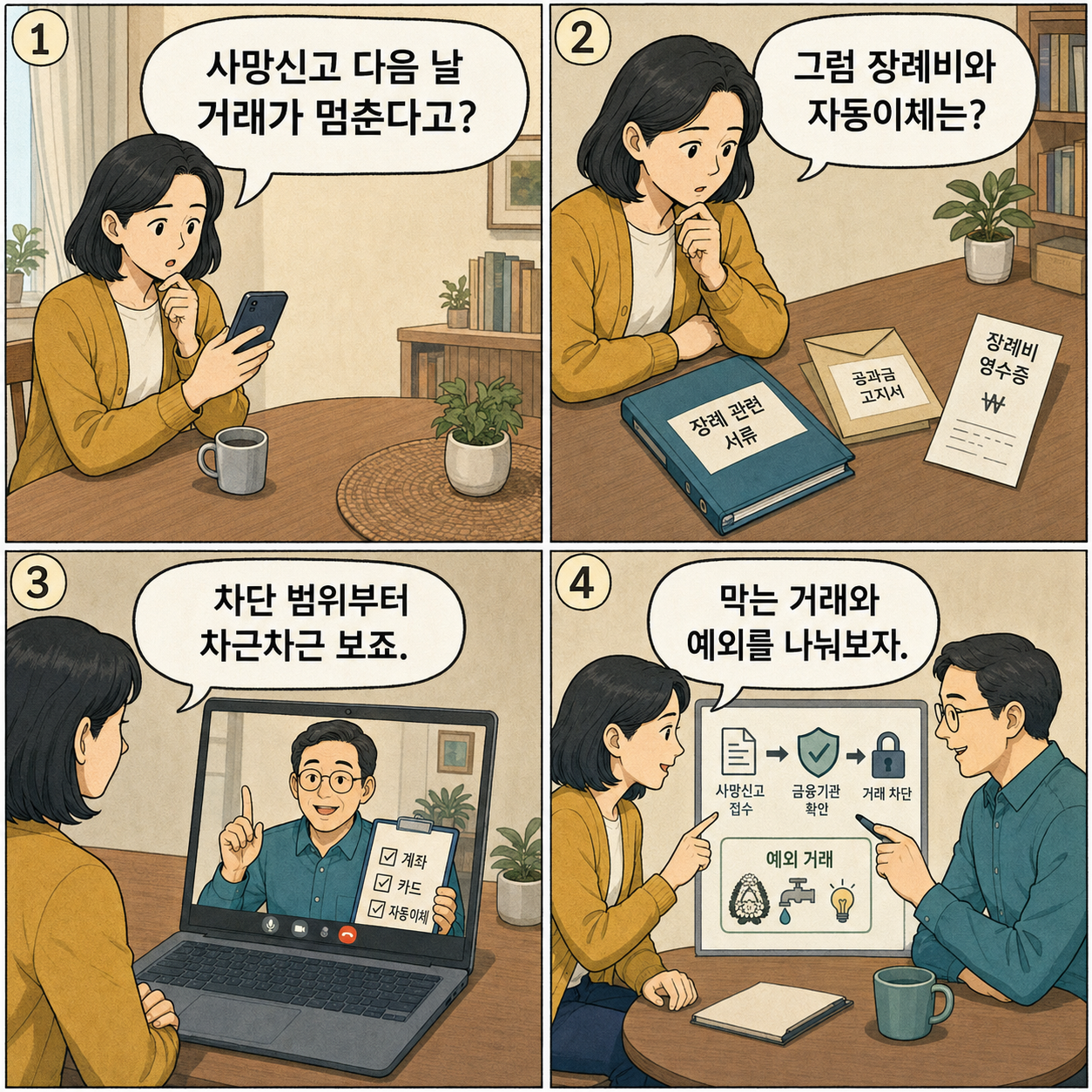 1~4컷. 여성이 사망신고 다음 날의 금융거래 차단 소식을 보고 상담원과 차단 범위와 예외를 확인하기 시작한다.