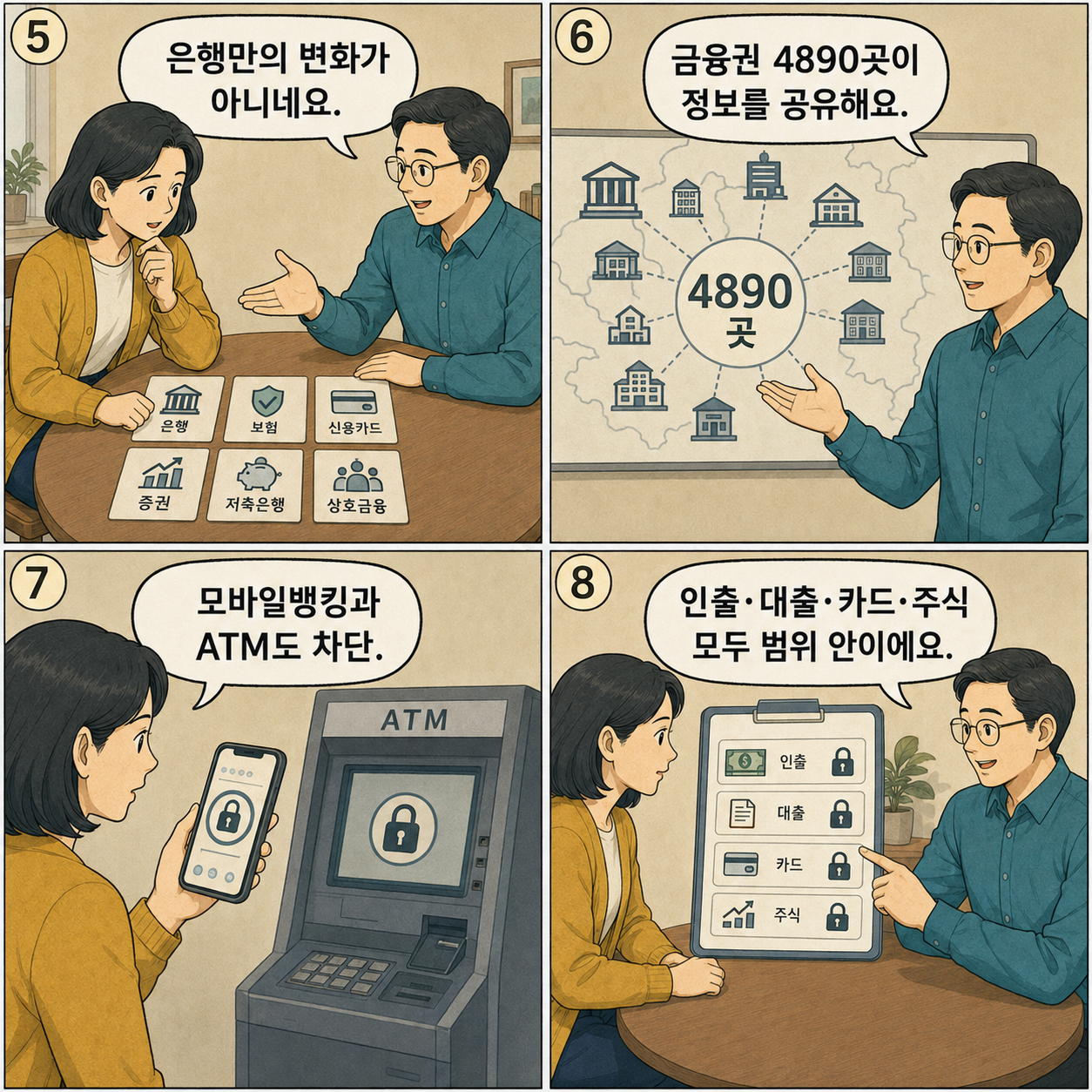 5~8컷. 같은 두 인물이 4890개 금융회사의 정보 공유와 모바일뱅킹·ATM·인출·대출·카드·주식의 차단 범위를 확인한다.