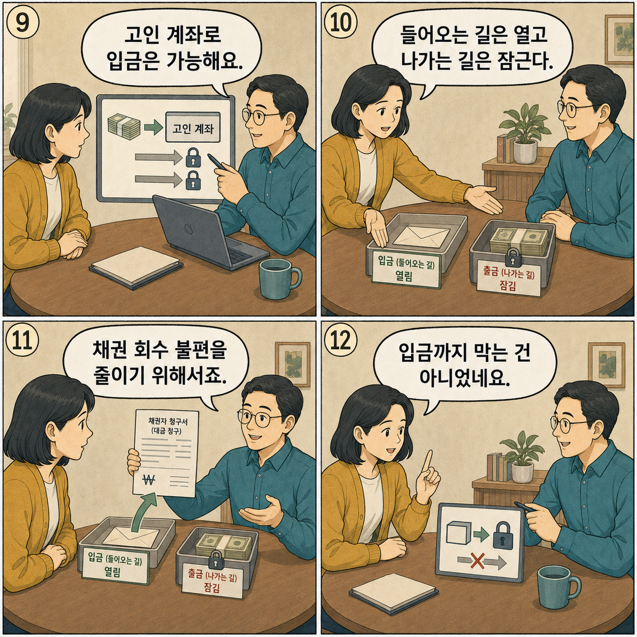 9~12컷. 같은 두 인물이 고인 계좌로의 입금은 가능하지만 밖으로 나가는 거래는 제한되는 이유를 살펴본다.