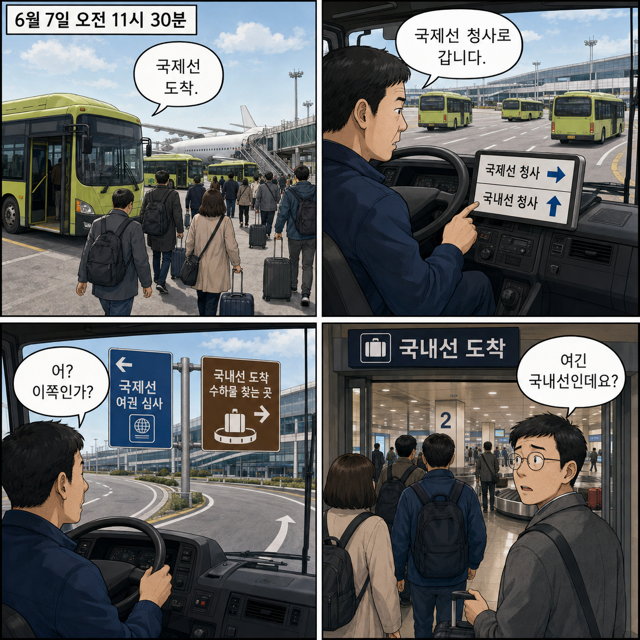 1~4컷. 6월 7일 오전 11시 30분 국제선 항공기가 김포공항 원격 주기장에 도착한다. 승객들이 램프버스에 나눠 탄다. 버스 한 대가 국내선 방향으로 향한다. 가상 승객이 국내선 청사임을 알아차린다.