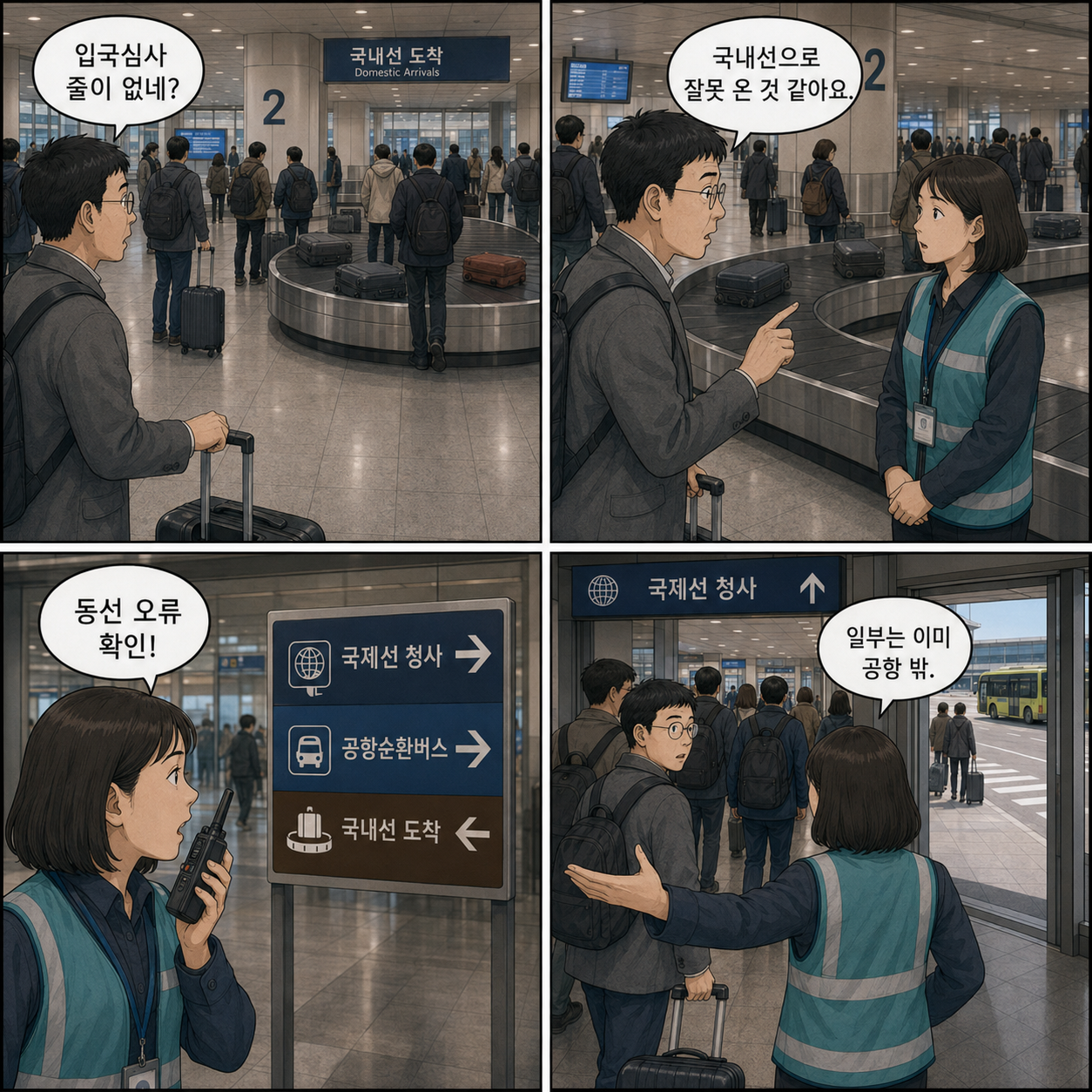 5~8컷. 가상 승객들이 국내선 수하물 구역에 섞인다. 한 승객이 운영 직원에게 잘못 온 것 같다고 알린다. 직원이 동선 오류를 확인한다. 일부 승객은 이미 공항 밖으로 나간 상태를 발자국으로 표현한다.