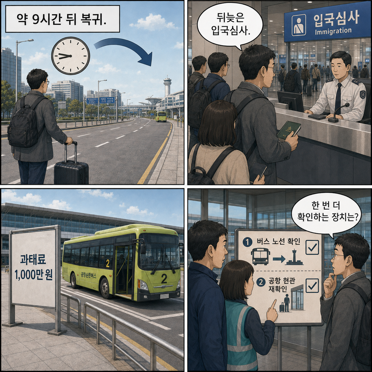 9~12컷. 가상 승객이 약 9시간 뒤 공항으로 돌아온다. 승객들이 뒤늦게 입국심사를 받는다. 과태료 1,000만 원 처분이 표시된다. 버스 노선과 청사 입구의 이중 확인 장치를 질문한다.
