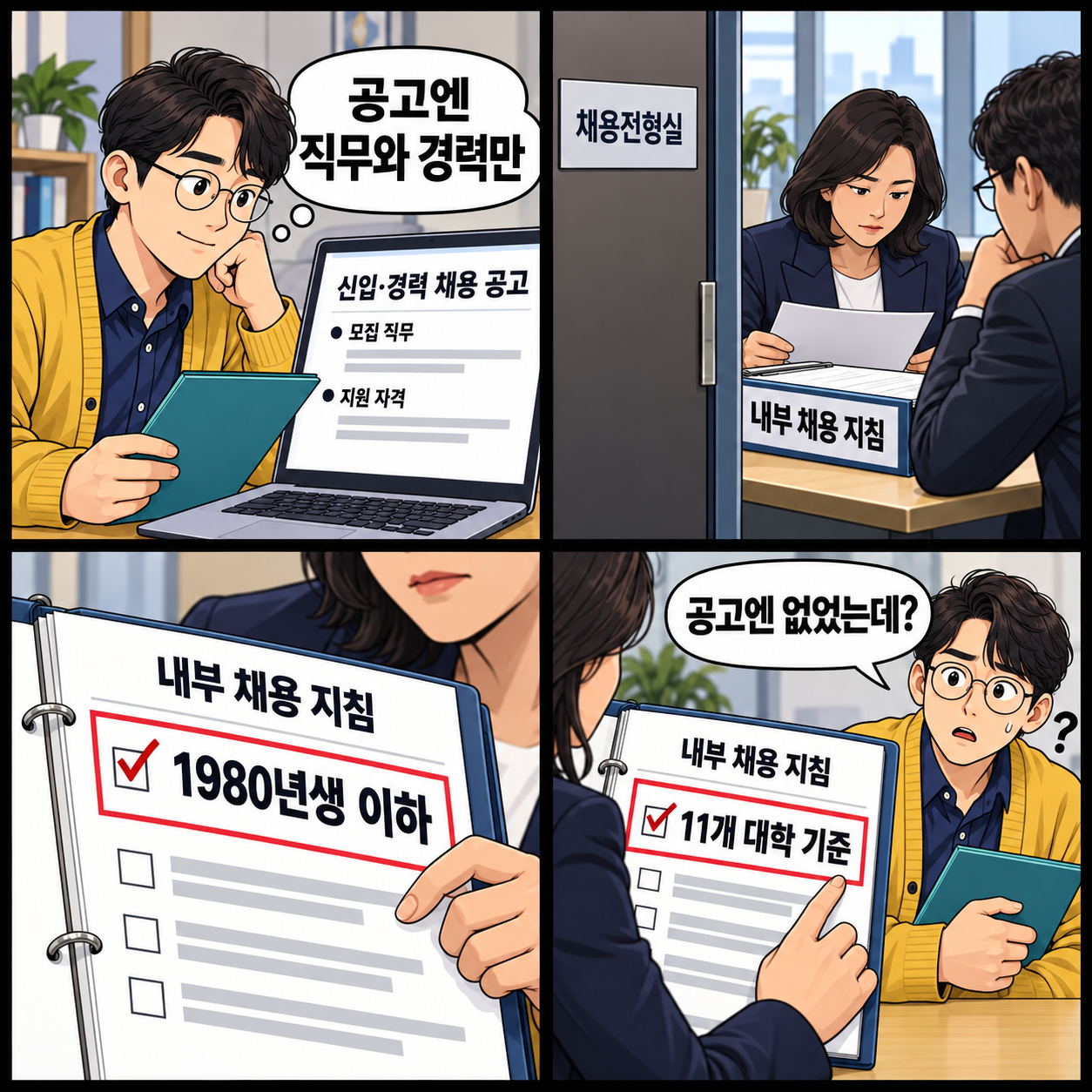 가상 지원자가 공개 경력직 공고와 별도의 내부 채용 지침을 비교하고, 보도된 ‘1980년생 이하’와 11개 대학 기준을 확인하는 네 컷 만화