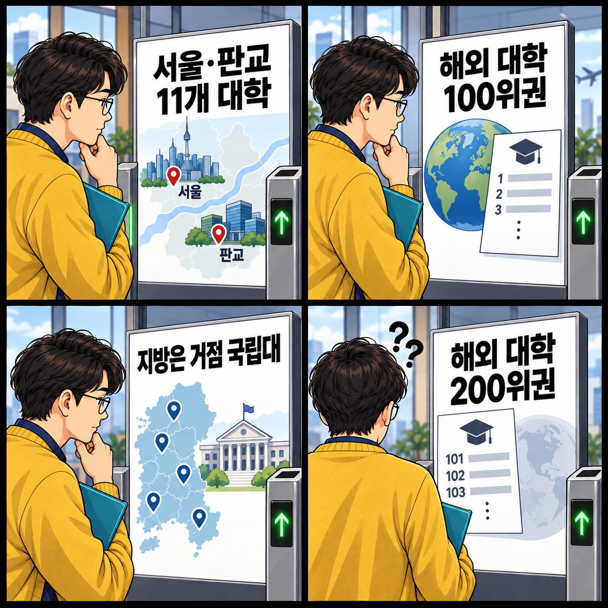 가상 지원자가 서울·판교와 지역 사업장에 서로 다르게 제시된 국내외 대학 기준을 비교하는 네 컷 만화