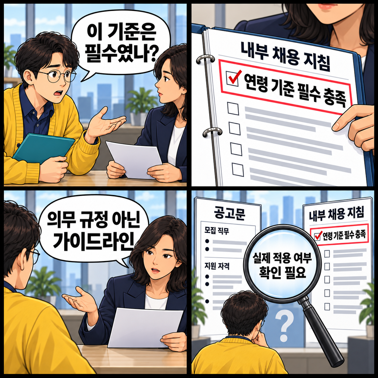 가상 지원자가 내부 지침의 필수 연령 기준과 회사의 가이드라인 해명을 대조하며 실제 적용 여부를 묻는 네 컷 만화