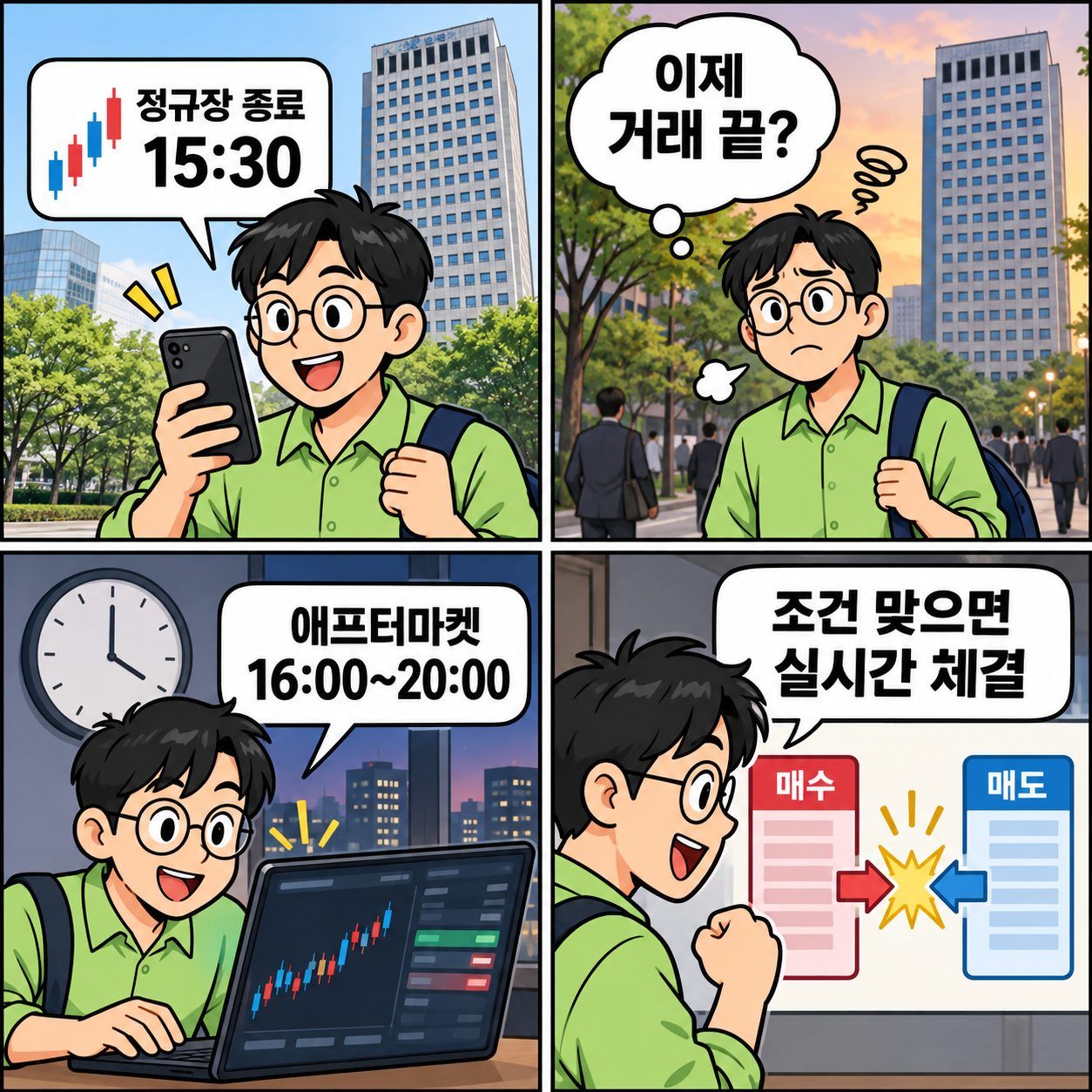 가상 직장인이 정규장 종료 뒤 오후 4시부터 밤 8시까지 열리는 애프터마켓과 실시간 체결을 확인하는 네 컷 만화
