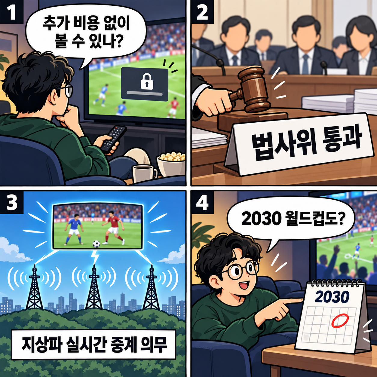 1~4컷. 가상 시청자 준이 축구 중계를 추가 비용 없이 볼 수 있는지 묻는다. 법사위 통과 단계와 지상파 실시간 중계 의무를 확인한다. 2030년 월드컵도 포함되는지 질문한다.