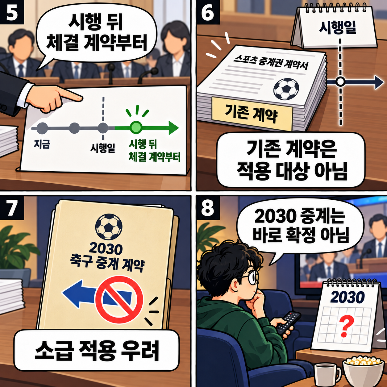 5~8컷. 지상파 중계 의무가 법 시행 뒤 체결되는 계약부터 적용되는 시간선을 본다. 기존 계약은 적용 대상이 아니며 소급 적용 우려가 있었음을 확인한다. 2030년 중계가 바로 확정된 것은 아니라는 결론에 이른다.
