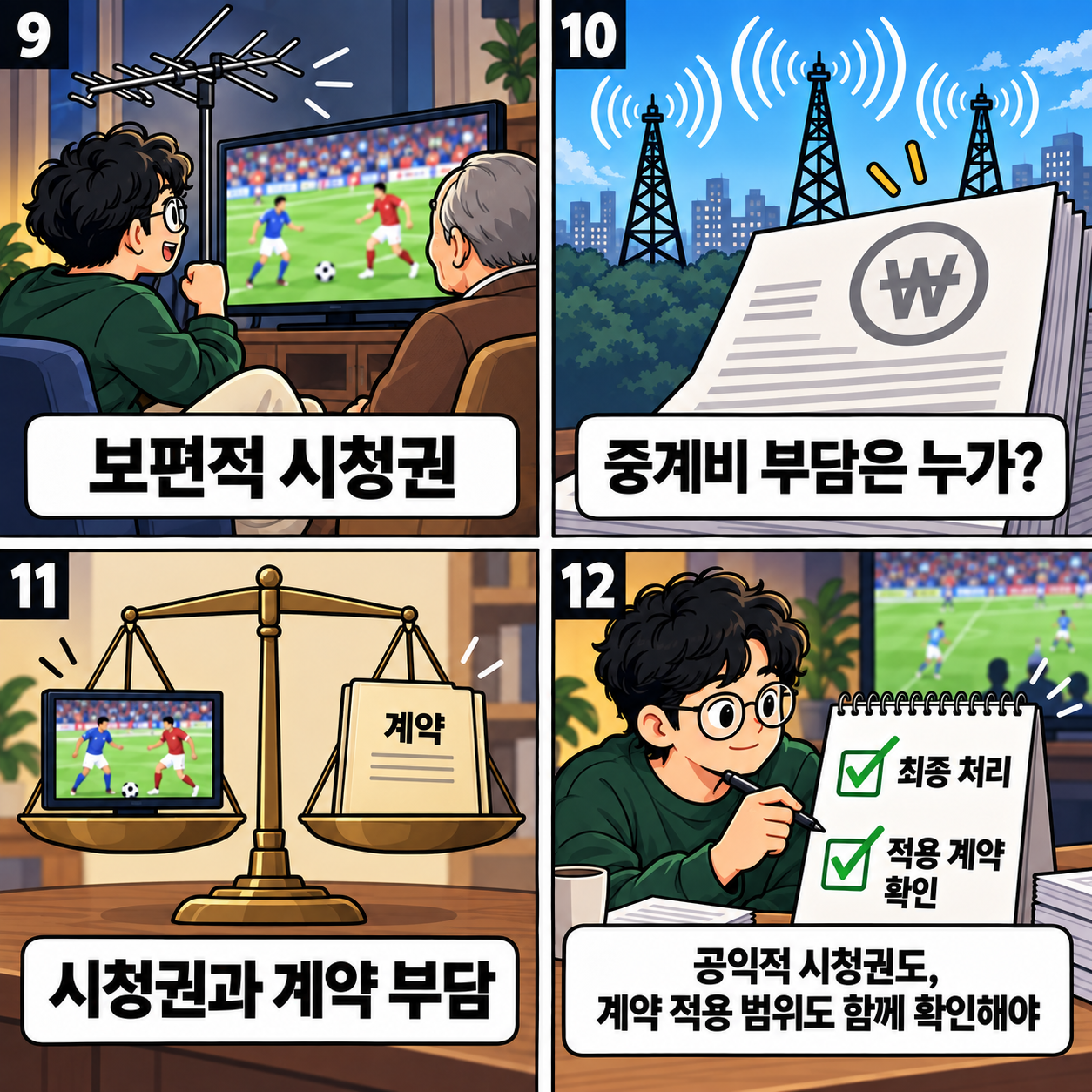 9~12컷. 세대가 함께 지상파로 스포츠를 보는 보편적 시청권을 보여준다. 지상파의 중계비 부담과 계약 문제를 저울에 올린다. 최종 처리와 적용 계약을 함께 확인해야 한다고 정리한다.