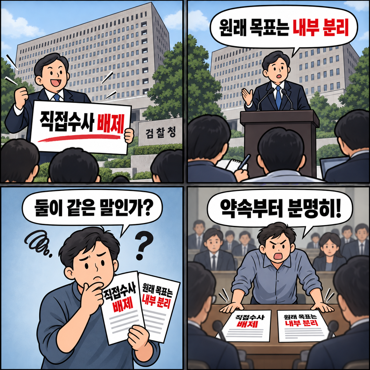 직접수사 배제 약속과 검찰 내부 분리 설명을 시민이 비교하며 명확한 설명을 요구하는 네 컷 만화