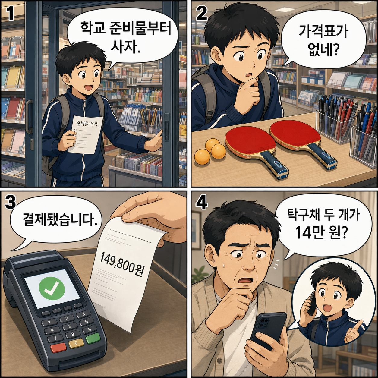 1~4컷. 민우가 준비물 목록을 들고 문구점에 들어간다. 가격표가 없는 탁구채 두 개와 공·볼펜을 본다. 카드 결제 영수증에 149,800원이 표시된다. 아버지 도현이 승인 문자를 보고 민우와 통화한다.