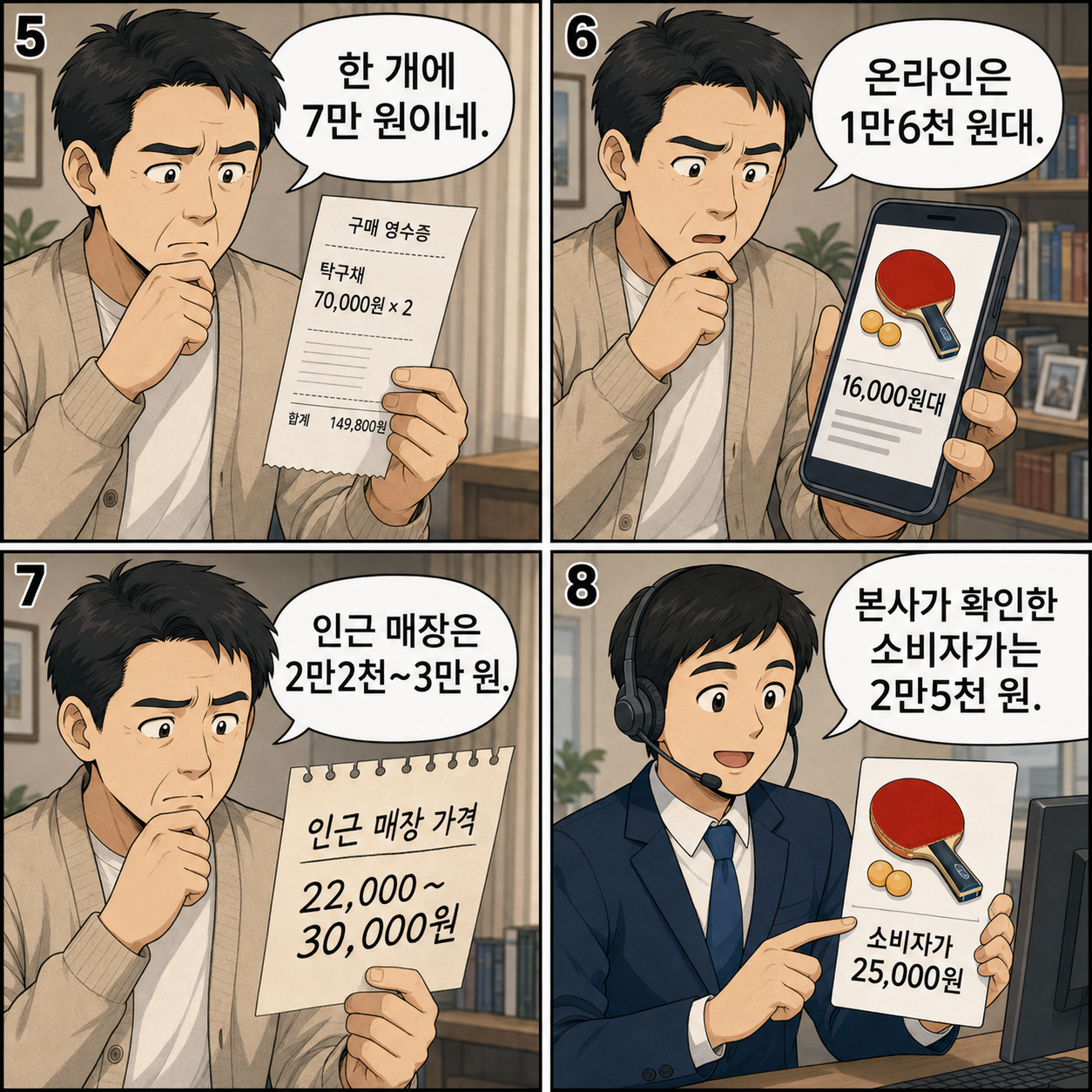 5~8컷. 도현이 탁구채 70,000원×2가 적힌 영수증을 본다. 도현이 휴대전화에서 온라인 16,000원대 가격을 확인한다. 도현이 인근 매장의 22,000~30,000원 가격을 비교한다. 본사 상담원이 확인한 소비자가 25,000원을 보여준다.