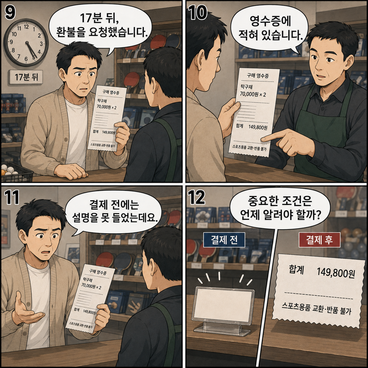 9~12컷. 도현이 17분 뒤 영수증을 들고 매장에 돌아간다. 점주가 영수증 아래 교환·반품 불가 문구를 가리킨다. 도현이 결제 전에는 설명을 듣지 못했다고 말한다. 빈 가격표와 결제 뒤 영수증의 작은 문구가 대비된다.