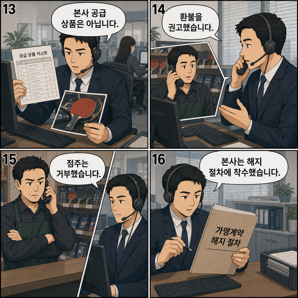 13~16컷. 본사 상담원이 공급 목록과 상품 사진을 대조한다. 본사 상담원이 점주에게 환불을 권고한다. 점주가 본사 권고를 거부한다. 본사 상담원이 가맹계약 해지 절차 서류를 연다.
