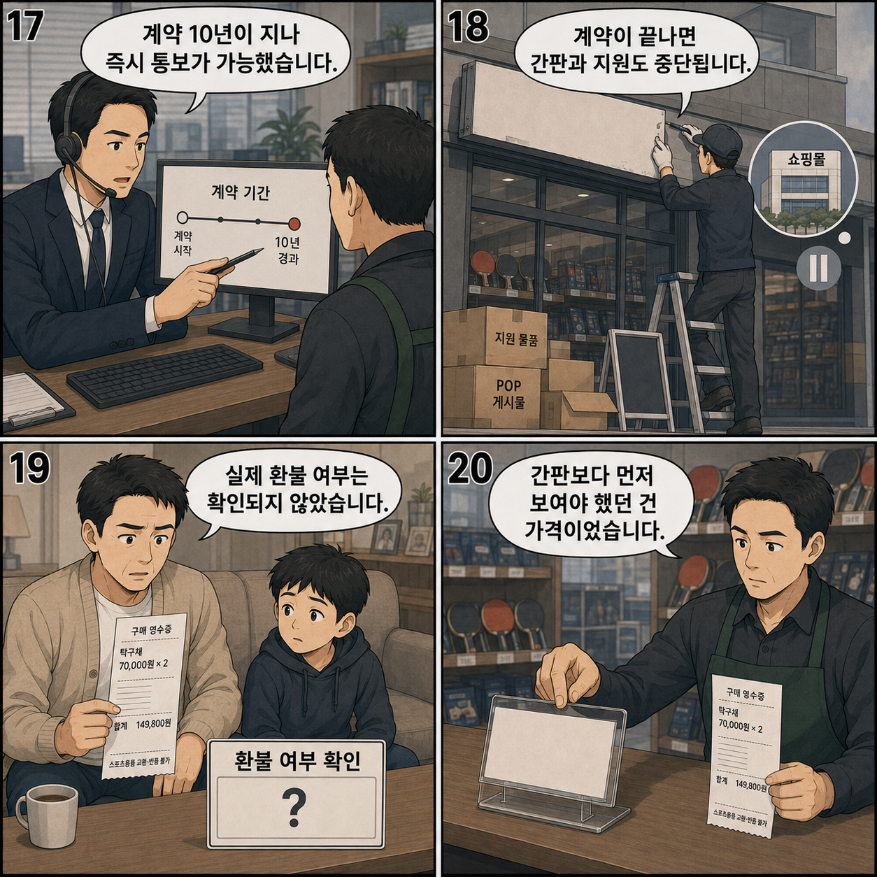 17~20컷. 본사 상담원이 계약 10년 경과와 통보 가능 조건을 설명한다. 계약 종료 뒤 간판과 본사 지원이 중단되는 모습을 조건부로 보여준다. 도현과 민우가 환불 여부가 비어 있는 확인판을 본다. 빈 가격표와 영수증을 나란히 두며 처음 질문을 회수한다.