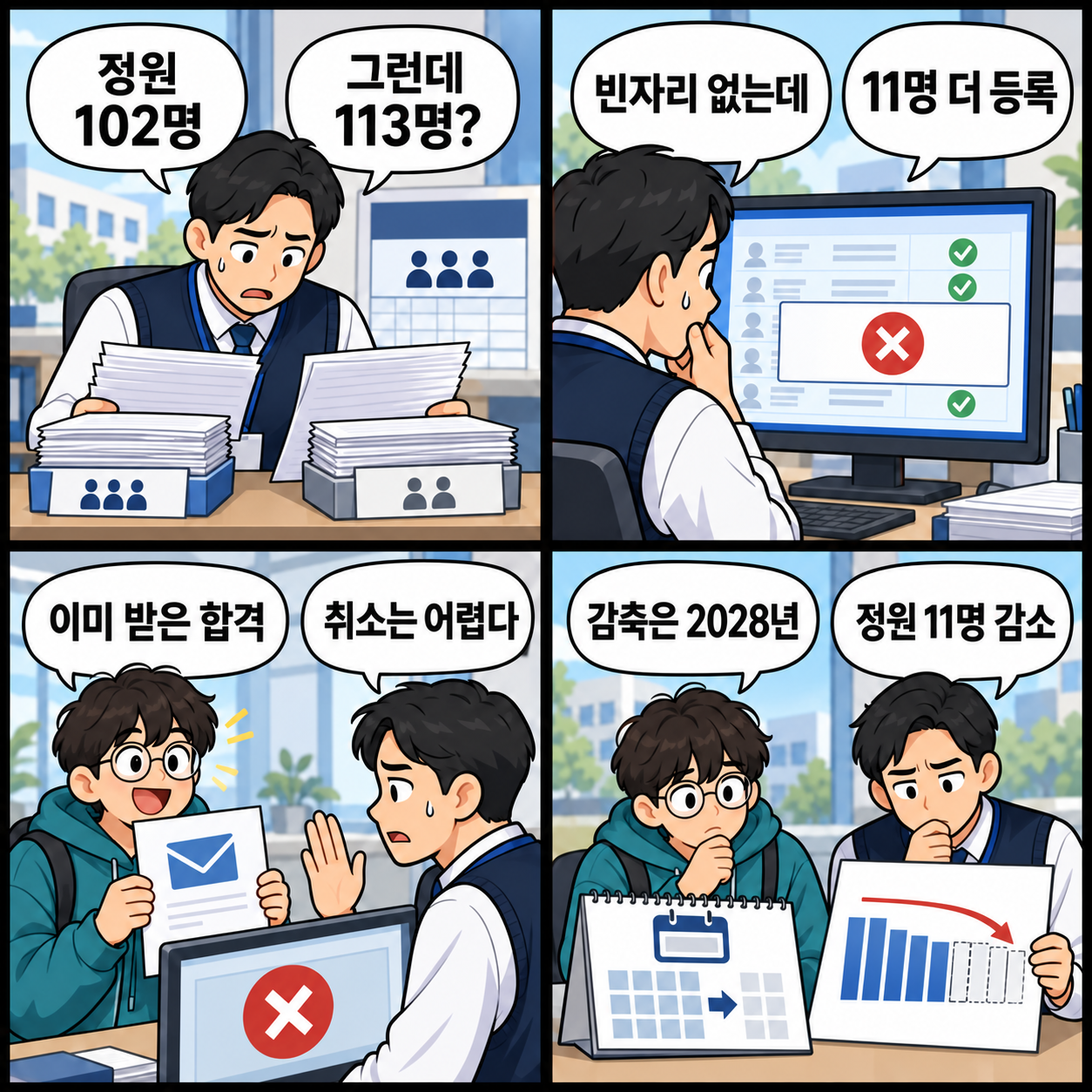 가상 입학 행정 담당자와 수험생이 순천향대 의대의 정원 102명·실제 113명 선발, 합격 유지와 2028학년도 11명 감축을 확인하는 네 컷 만화