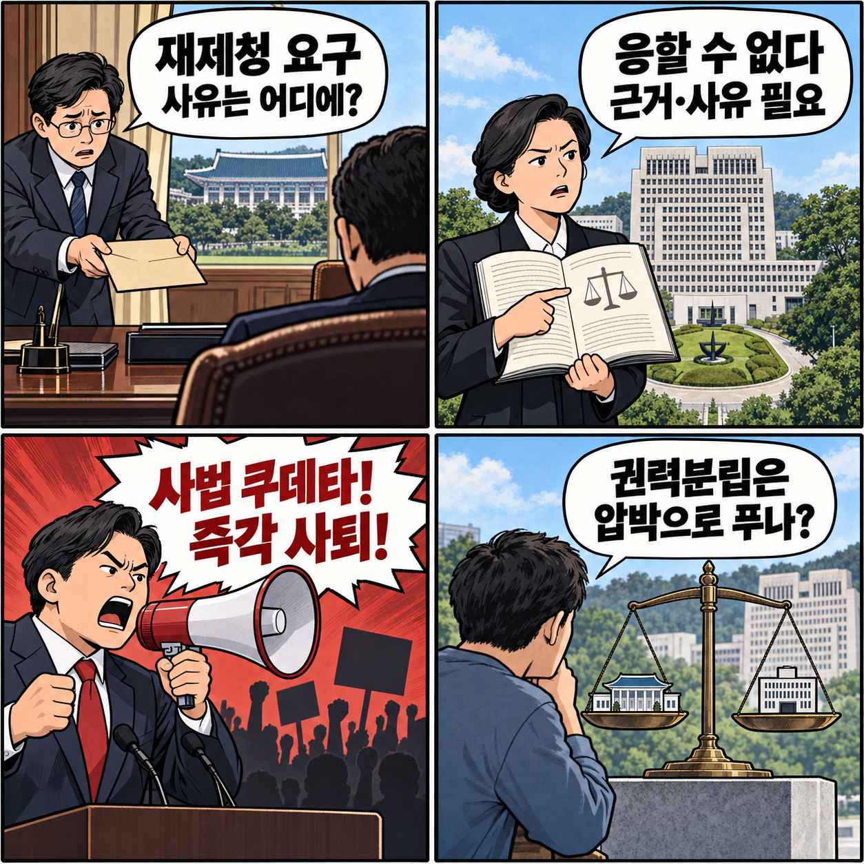 가상 인물들이 대법관 후보 재제청 요구와 거부, 민주당의 사법 쿠데타 공세, 권력분립의 기준을 확인하는 네 컷 만화
