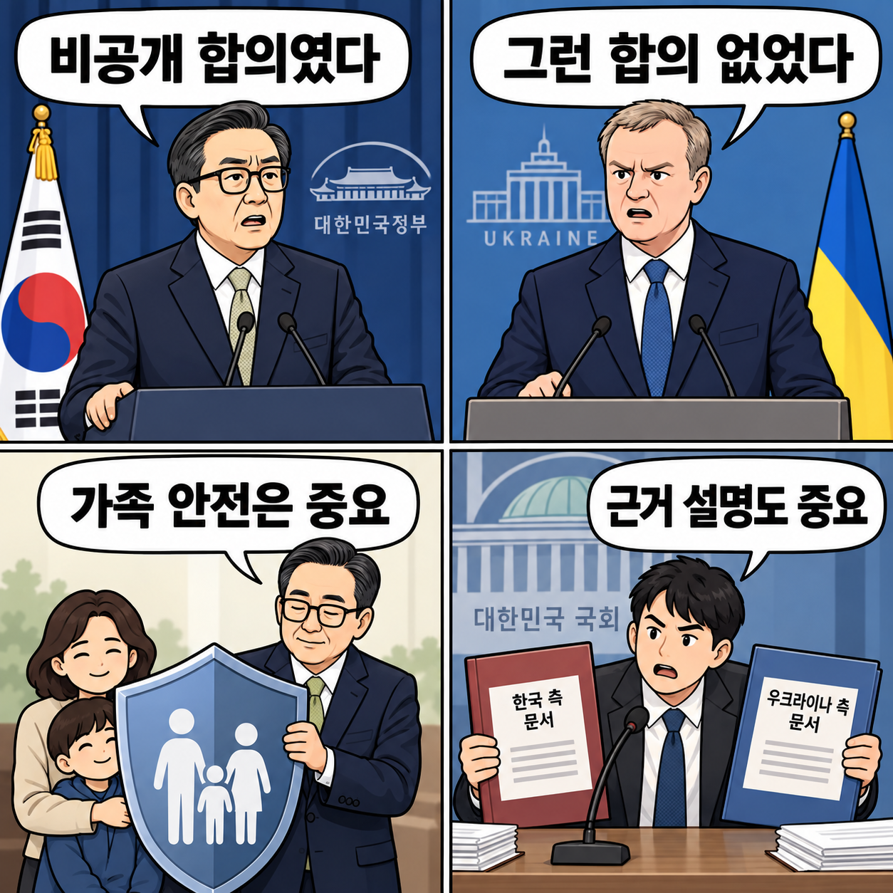 가상 인물들이 비공개 합의를 둘러싼 한국과 우크라이나의 다른 설명, 가족 안전과 근거 설명의 필요성을 보여주는 네 컷 만화