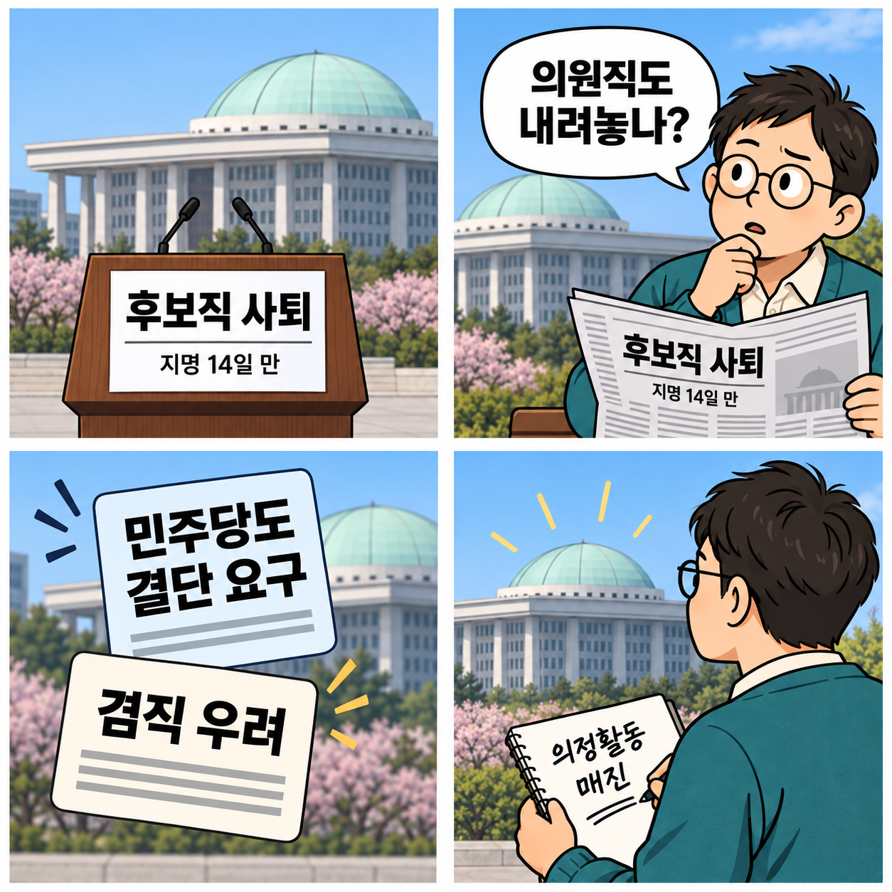 가상 독자가 용혜인 장관 후보직 사퇴와 의원직 유지 전망, 민주당의 결단 요구와 겸직 우려를 확인하는 네 컷 만화