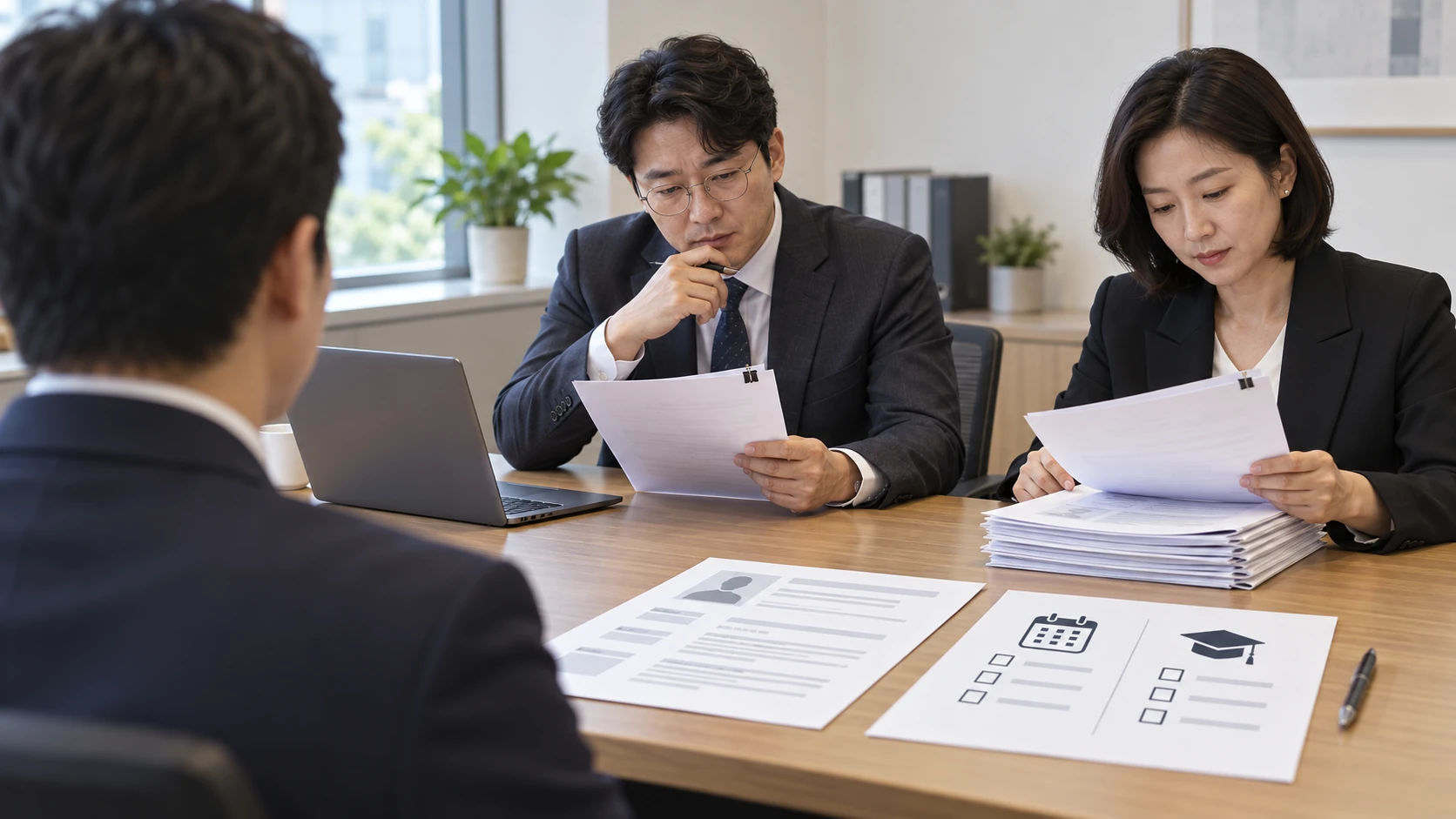 공개 채용공고와 별도의 내부 평가표를 살펴보는 면접 장면을 표현한 개념 이미지