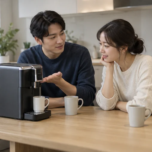 커피머신을 두고 이야기하는 두 사람 (AI 설명용 삽화)