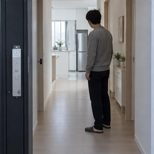 현관에서 주방까지의 이동 경로를 살펴보는 장면 (AI 설명용 삽화)