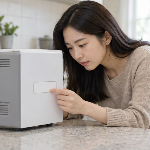 가전 외부의 표기 위치를 살펴보는 장면 (AI 설명용 삽화)