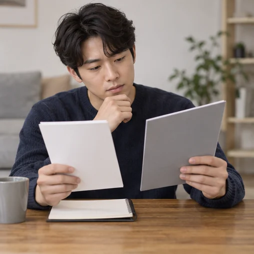 설명서 형태의 책자 두 권을 비교하는 장면 (AI 설명용 삽화)