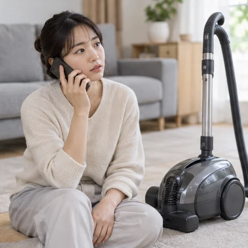 청소기 옆에서 전화로 문의하는 장면 (AI 설명용 삽화)