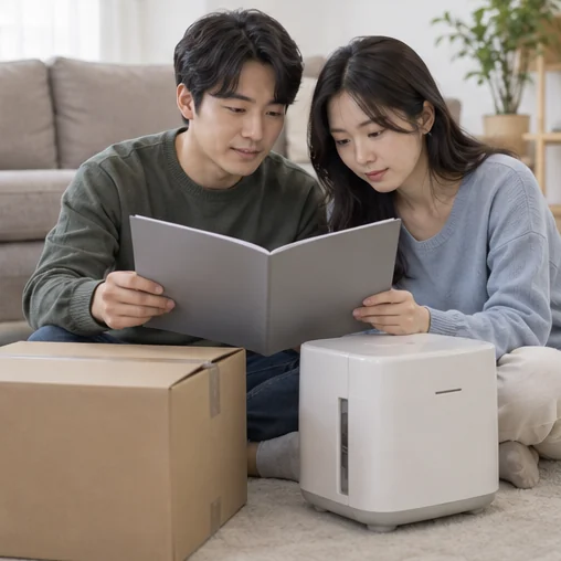 상자와 문서철을 함께 검토하는 두 사람 (AI 설명용 삽화)