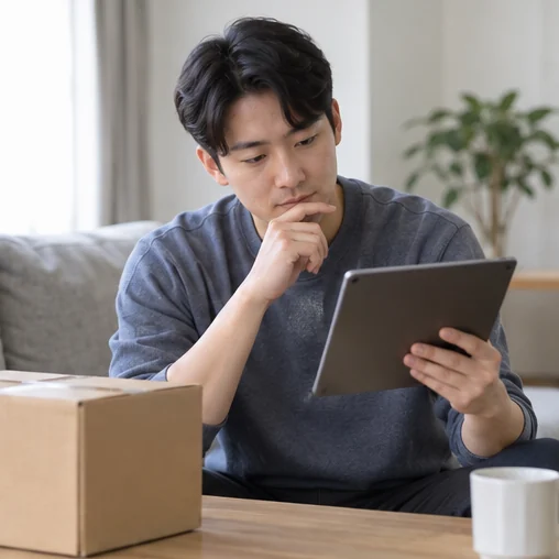 상자 옆에서 태블릿 안내를 살펴보는 장면 (AI 설명용 삽화)