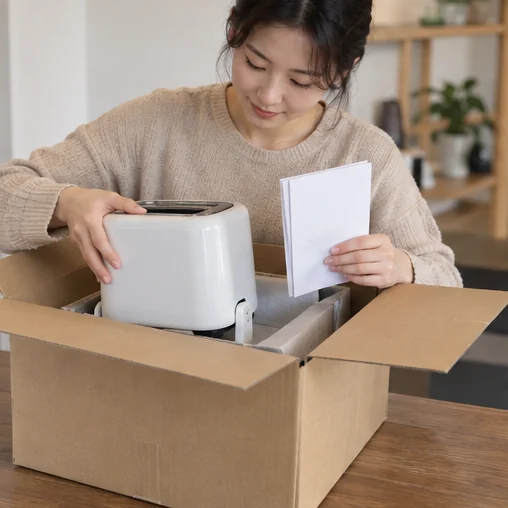 소형 가전과 설명서를 상자 안에 정리하는 장면 (AI 설명용 삽화)