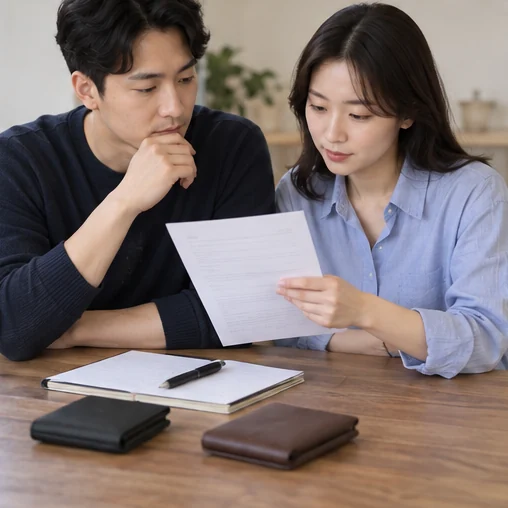 지갑과 확인표를 두고 구매 전 검토하는 두 사람 (AI 설명용 삽화)