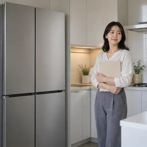 가전이 놓인 주방에서 문서철을 든 장면 (AI 설명용 삽화)