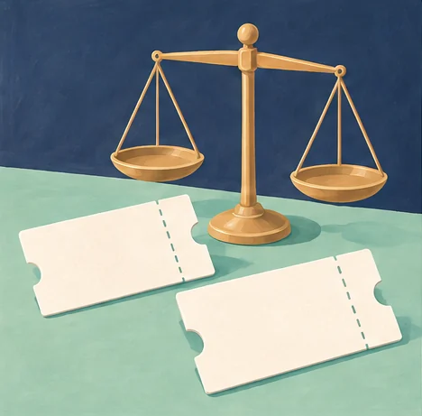 쿠폰 중복 조건을 비교하는 쿠폰과 저울 (AI 설명용 삽화)