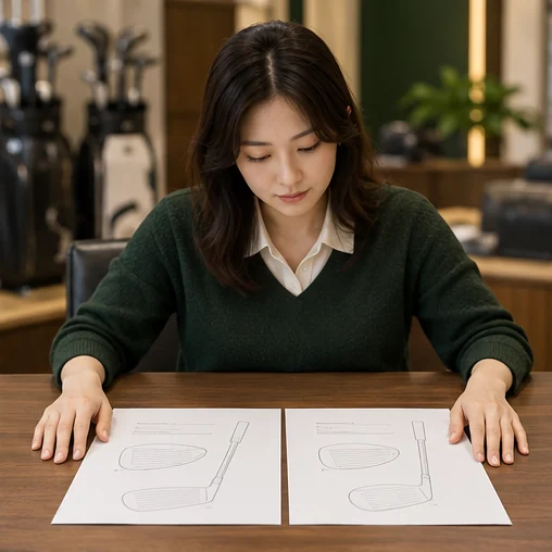 두 손을 책상에 놓고 클럽 사양 자료를 살피는 여성 (AI 설명용 삽화)