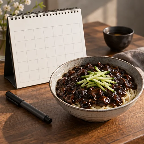 빈 달력과 짜장면 그릇 (AI 설명용 삽화)