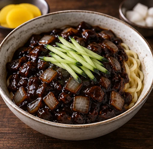 오이채가 올라간 기본 짜장면 설명용 장면 (AI 설명용 삽화)