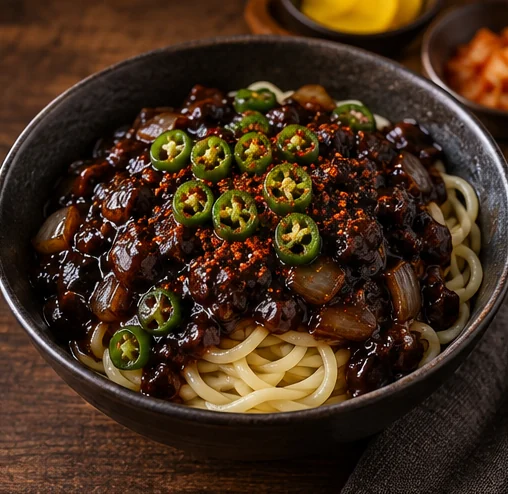 고추가 올라간 매운 짜장면 설명용 장면 (AI 설명용 삽화)