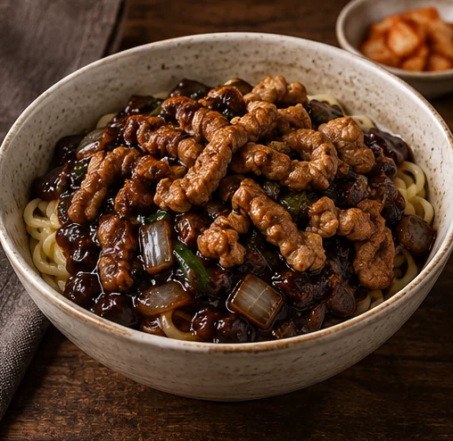 고기 토핑을 얹은 짜장면 설명용 장면 (AI 설명용 삽화)