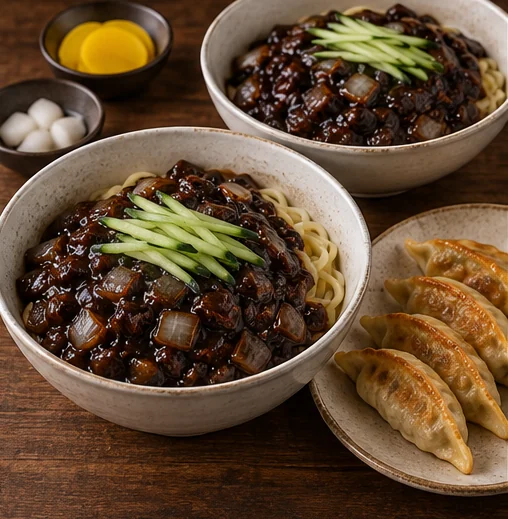짜장면 두 그릇과 군만두 (AI 설명용 삽화)