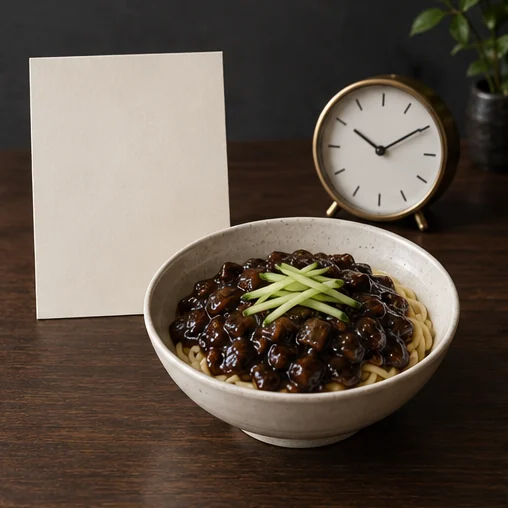 빈 안내 카드와 시계 및 짜장면 (AI 설명용 삽화)