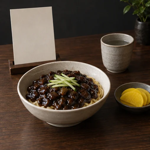 빈 메뉴 카드와 물컵 및 짜장면 (AI 설명용 삽화)