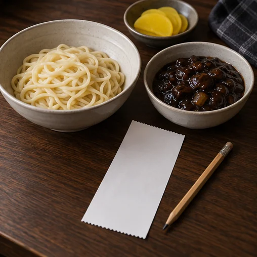 면과 소스 옆의 빈 영수증 형태 종이 (AI 설명용 삽화)