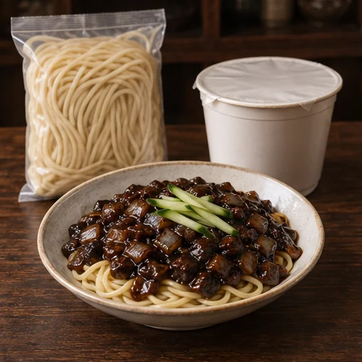 상표 없는 봉지와 컵 용기 및 짜장 면 요리 (AI 설명용 삽화)