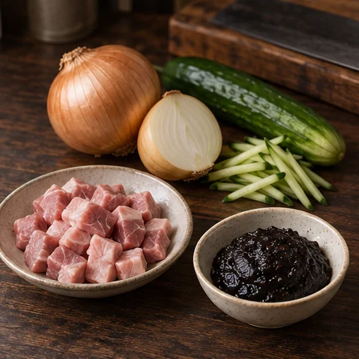 양파 오이 고기 및 검은 소스 재료 (AI 설명용 삽화)