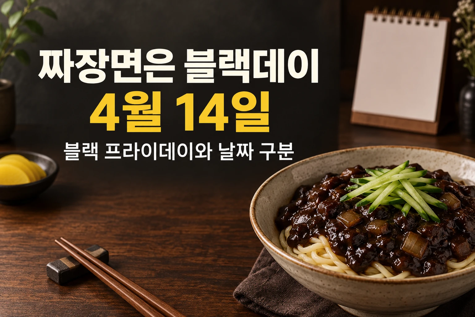 짜장면을 먹는 블랙데이 4월 14일과 블랙 프라이데이 날짜를 구분하는 한글 대표 이미지 (AI 설명용 썸네일)